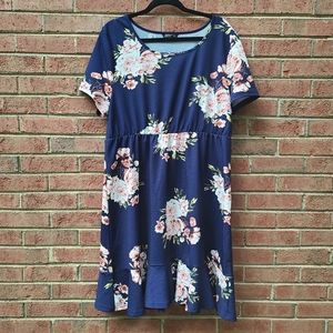 SHEIN Navy Floral Print Ruffle Hem Dress 2X
